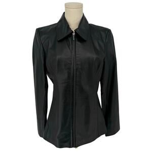 Vintage Minimalist Black Leather Jacket Worthington Full Zip Women's Size S